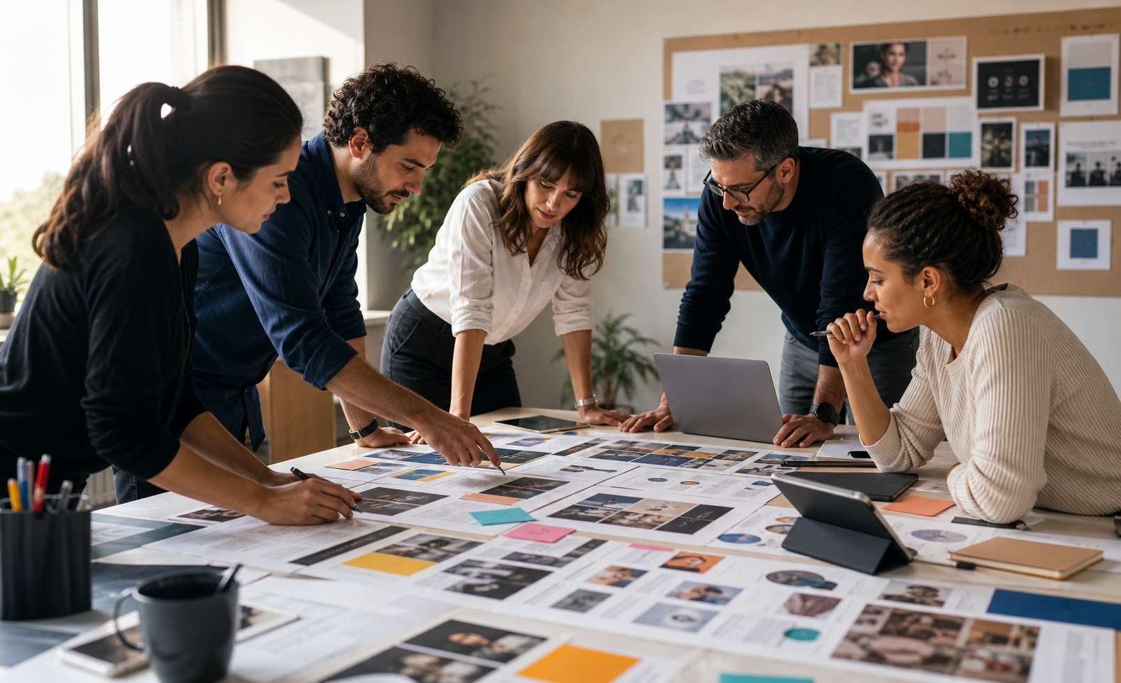 A team reviewing printed campaign materials in a creative planning room